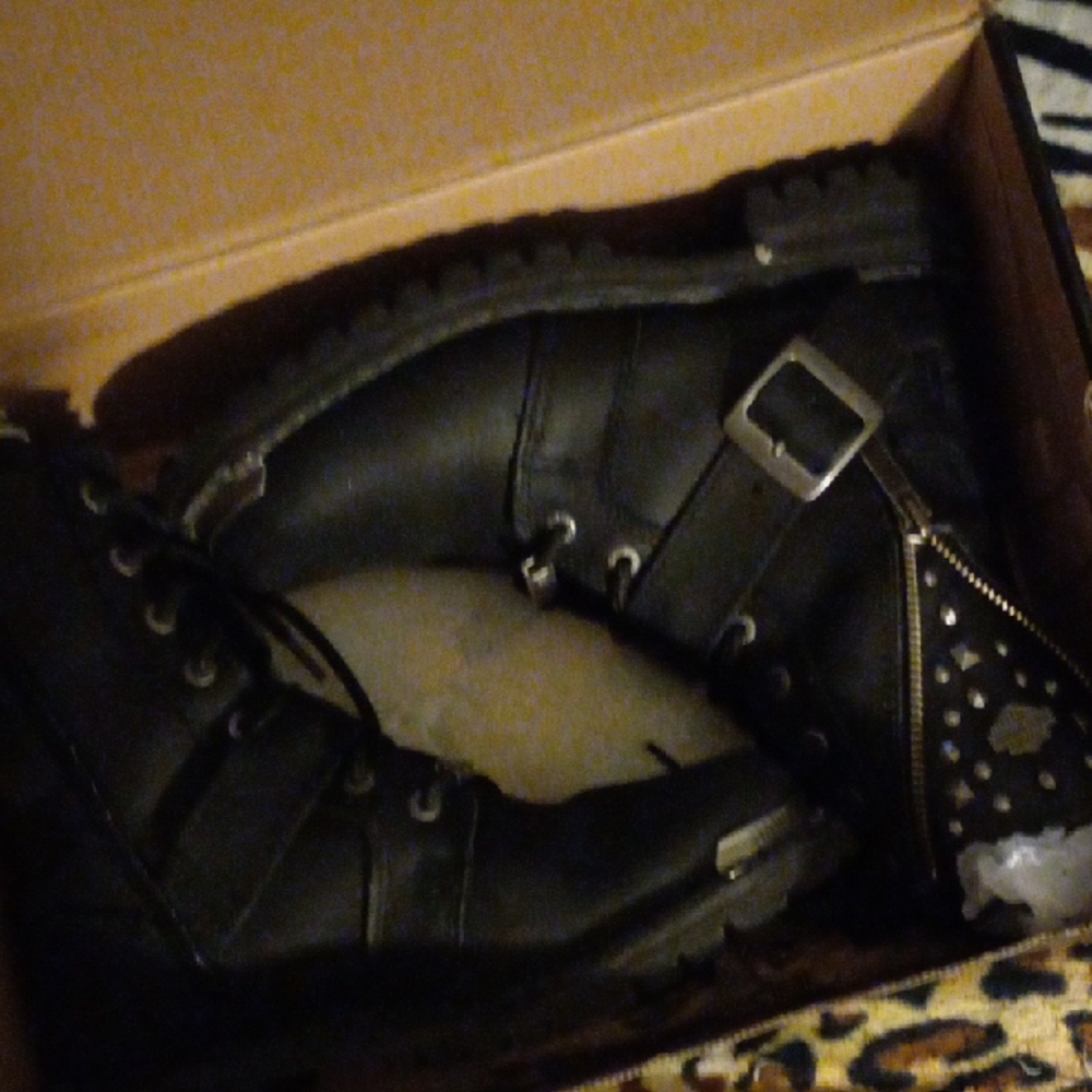 Black Combat Boots with Buckle and Studs